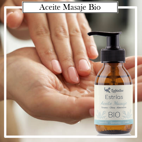 Aceite de Masaje Natural 100 % BIO Ecológico Estrías. La concentración de las esencias extraídas de la madre naturaleza para un trabajo corporal.