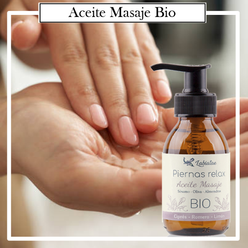 Aceite de Masaje Natural 100 % BIO Ecológico Piernas Relax. La concentración de las esencias extraídas de la madre naturaleza para un trabajo corporal.