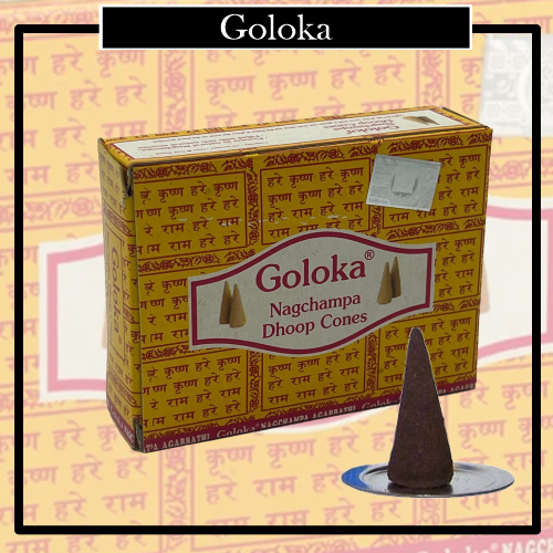 Inciensos Conos Nag Champa Goloka Agarbatti., prestigiosa marca de inciensos,  uno de los mayores fabricantes de inciensos conos de la India.