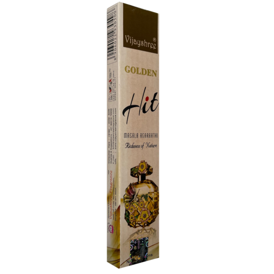 Incienso Vijayshree Golden, mezcla de las mejores especias, hierbas, extractos florales, aceites exóticos y otros ingredientes naturales. Origen India.