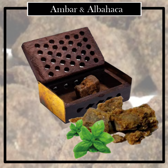 Resina Ámbar & Albahaca. Caja de Madera Tallada. Perfume solido para ambientar nuestras estancias y estimular nuestros estados emocionales. MUY INTERESANTE