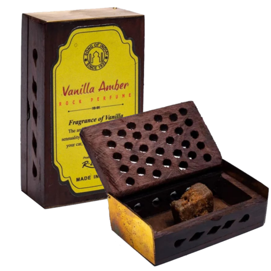 Resina Ámbar & Vainilla. Caja de Madera Tallada. Perfume solido para ambientar nuestras estancias y estimular nuestros estados emocionales. MUY INTERESANTE